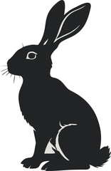 A solid black silhouette of a sitting rabbit with long ears, facing left, against a white background.