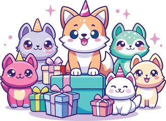Six cute cartoon animals wearing party hats surrounded by colorful gift boxes corgi puppy