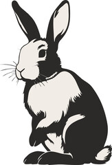 Obraz premium A solid black silhouette of a sitting rabbit with long ears, facing left, against a white background.