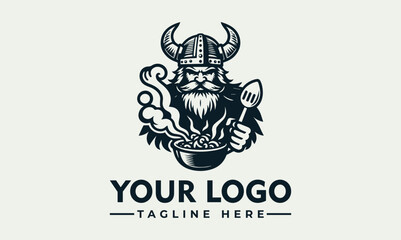 A fierce Viking chef stirring a steaming pot of food, logo design.