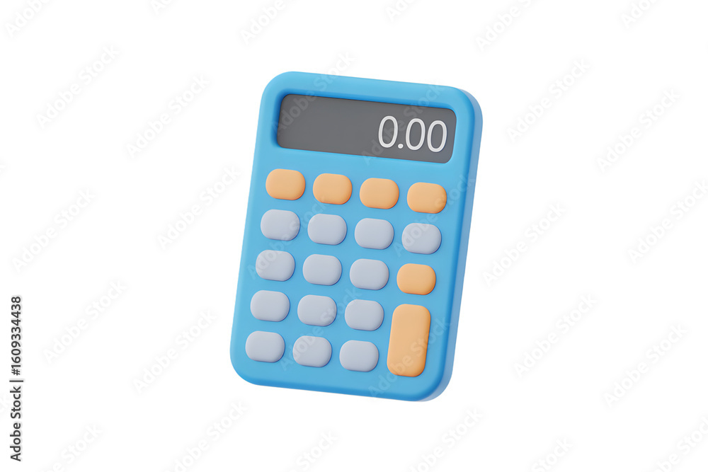 Aufkleber stylized 3d render of a blue calculator with orange and gray buttons displaying zero on transparent 