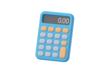 Stylized 3D Render of a Blue Calculator with Orange and Gray Buttons Displaying Zero on Transparent Background