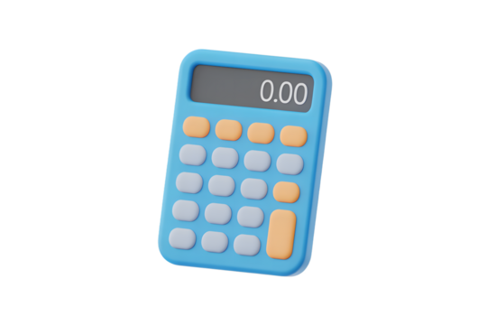 Stylized 3D Render of a Blue Calculator with Orange and Gray Buttons Displaying Zero on Transparent Background
