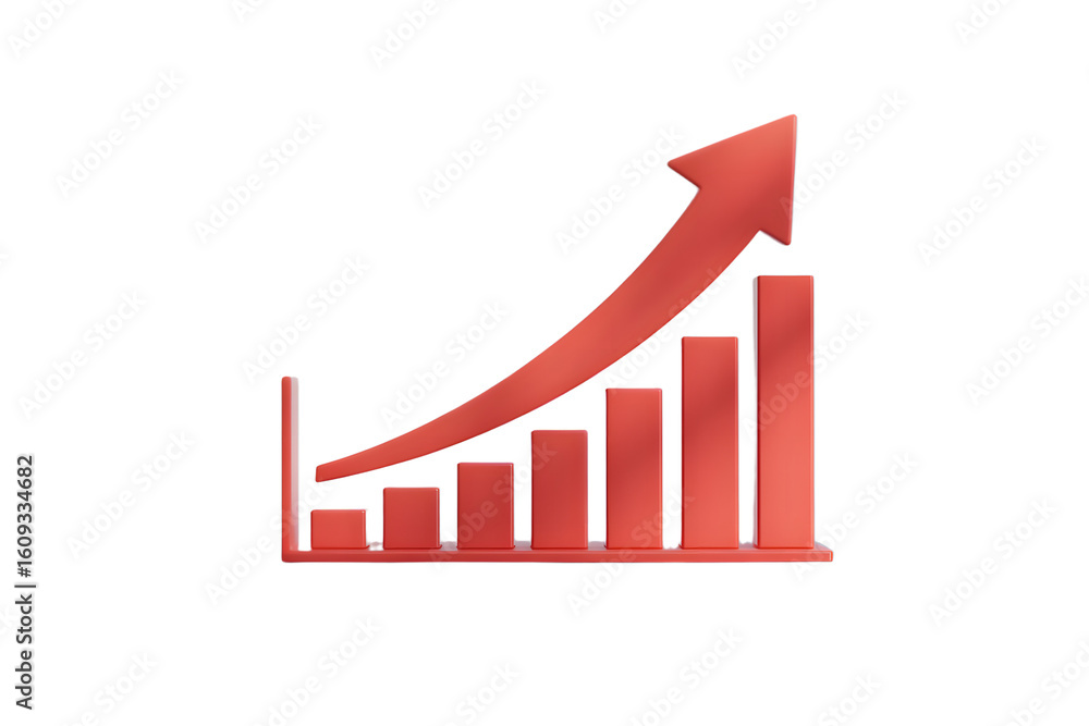 Poster red bar graph with upward arrow showing growth and success in business and finance on transparent ba