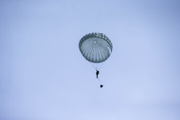 Skydiver in Action,  A skydiver gliding through the blue sky with a fully deployed parachute,...