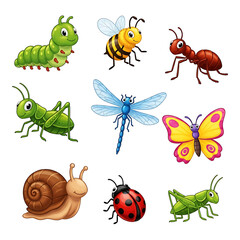 Delightful Cartoon Insect Collection Featuring a Caterpillar, Bee, Ant, Grasshopper, Dragonfly, Butterfly, Snail, and Ladybug
