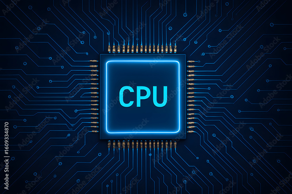 Poster cpu on a circuit board: the image presents a close-up view of a cpu, positioned centrally on a sleek