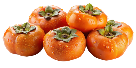 Pile of ripe and juicy persimmons with fresh water droplets all over