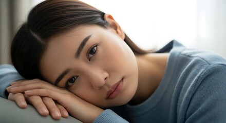 Obraz premium Calm Asian Woman Resting Head on Hands, Expressing Serenity
