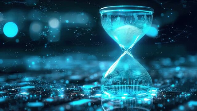High-Tech Hourglass Symbolizing Time and Innovation in a Digital Landscape with Futuristic Elements and Blue Light Effects