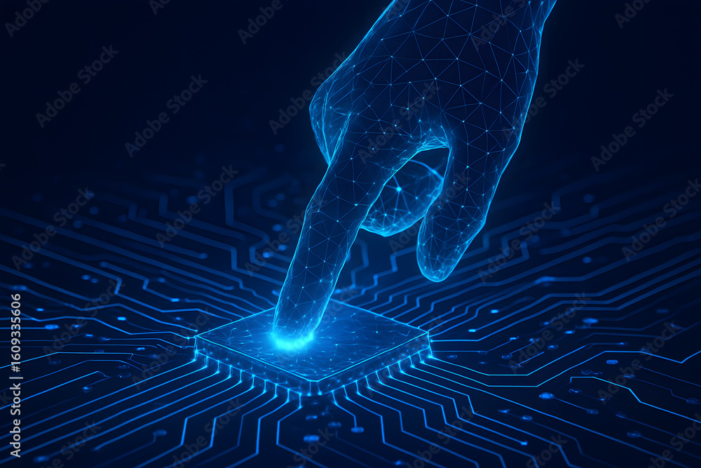 Aufkleber digital interaction: a futuristic depiction of a digital hand interacting with a circuit board, sugg