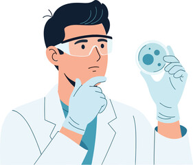 Minimalist Flat Vector Illustration of a Male Scientist Wearing Safety Glasses and Gloves While Examining a Petri Dish in a Laboratory