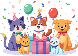 Naklejka premium Cute cartoon animals celebrating with balloons and gifts kitten puppy