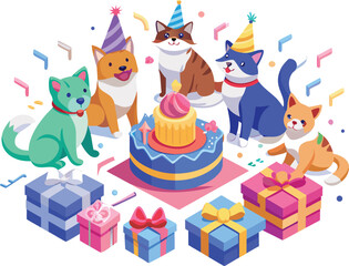 Fototapeta premium Five cartoon dogs and cats wearing party hats around a birthday cake and gifts vector