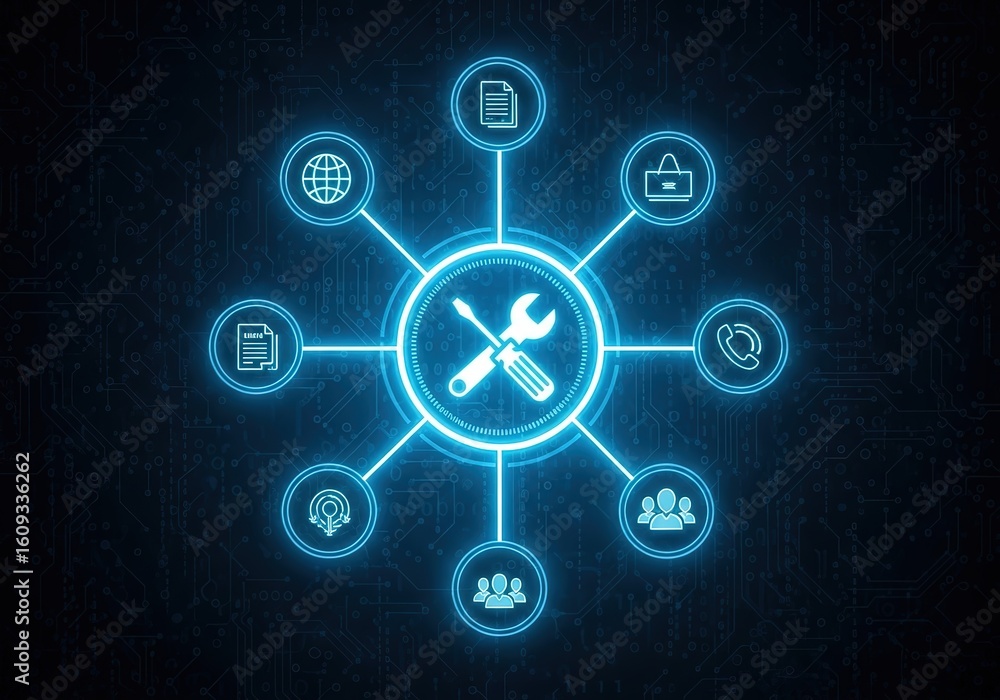 Poster digital network connecting various business and technical service icons with a central wrench and sc