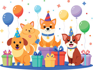 Naklejka premium Four cartoon dogs wearing party hats surrounded by balloons and gifts puppy birthday