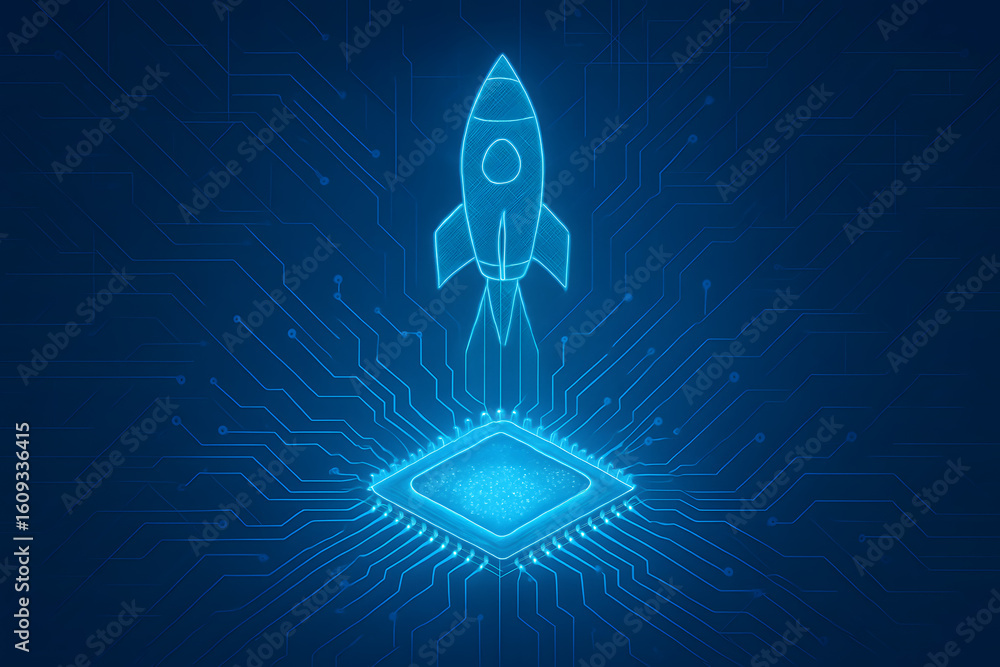 Poster tech launch: futuristic digital rendering of a rocket launching from a central processing unit (cpu)