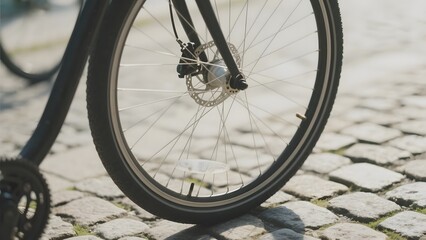Close-up of a bicycle wheel on cobblestone pavement