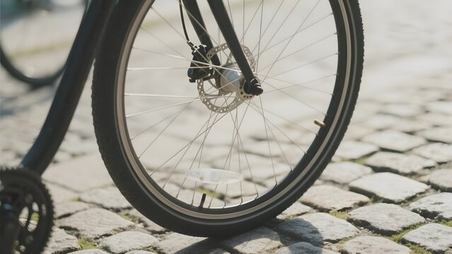 Close-up of a bicycle wheel on cobblestone pavement