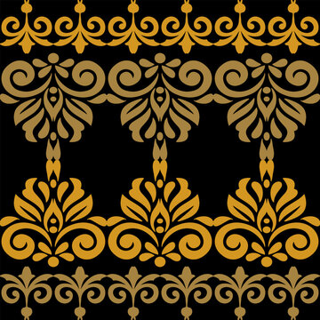 An artwork ethic Songket Padang textile pattern  geometric motifs in a warm golden-brown on  black background. Classic design symmetrical borders traditional weaving artistry.
