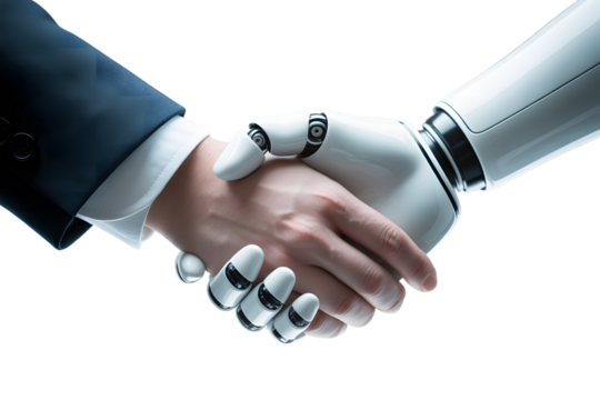 Human and Robot Handshake Artificial Intelligence and Business Partnership Concept Future Technology and Automation on transparent background