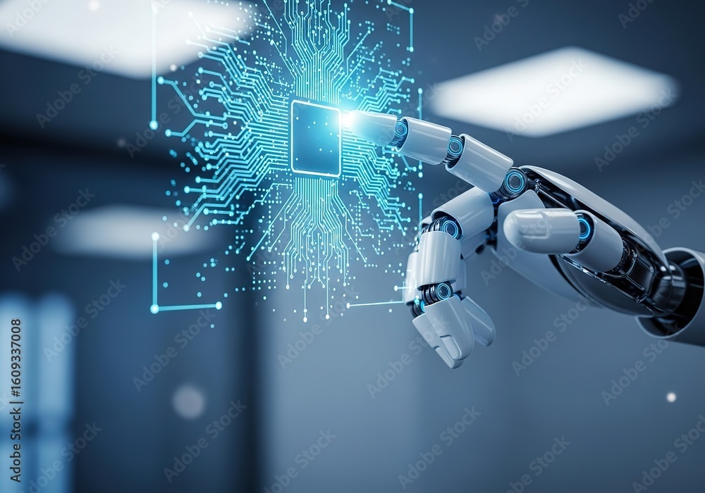 Poster robotic hand interacting with a glowing holographic circuit board representing artificial intelligen