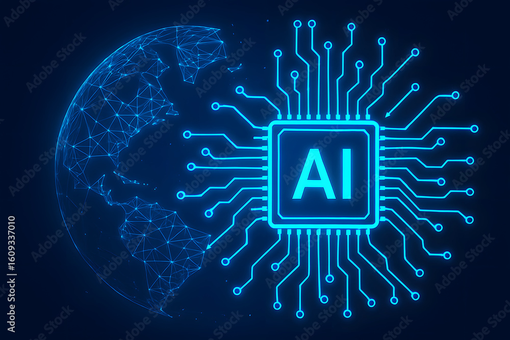 Poster ai and world: a dynamic representation of artificial intelligence merging with a globe, symbolizing 