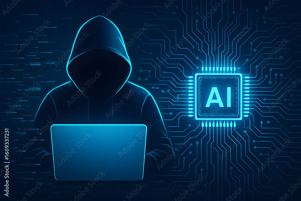 Poster digital intruder and ai: a digital depiction of a hooded individual utilizing a laptop alongside a c