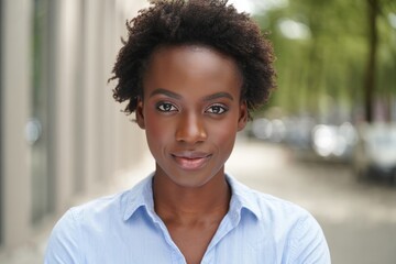 Professional headshot of beautiful african american woman with natural hair smiling