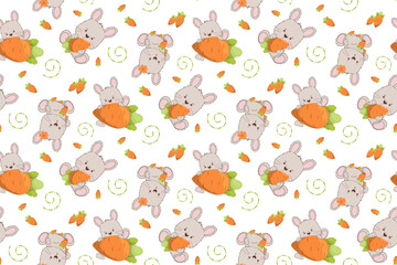 Adorable vector illustration of cartoon bunnies holding carrots in a seamless pattern. Perfect for children s designs, wallpapers, and fabric prints. Features playful and charming bunnies.