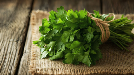 Fresh bunch of parsley on a burlap placemat.