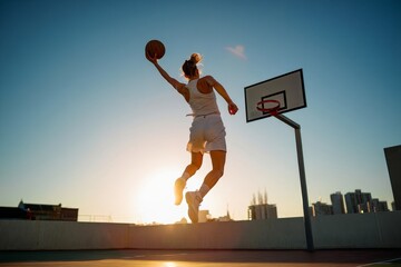 Female Basketball Player Jumping for Slam Dunk Against City Sunset