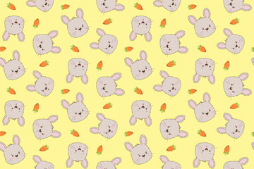 Charming vector illustration featuring cute bunny faces and colorful carrots in a repeating pattern on a yellow background. Perfect for children s designs and playful projects.