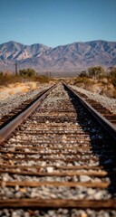 Fototapeta premium Railroad tracks stretch into the distance toward mountains under a clear blue sky, evoking a sense of journey and exploration through the arid landscape.