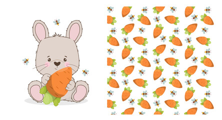 Adorable bunny holding a large carrot surrounded by buzzing bees, alongside a seamless pattern of carrots and bees. Perfect for children s designs, textiles, and playful illustrations.