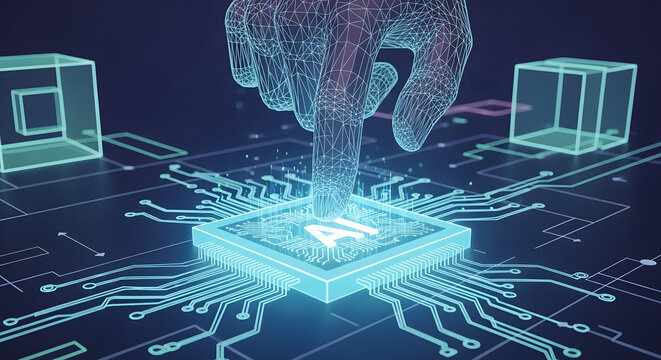 AI Technological Innovation: An artistic digital depiction of an AI-powered hand interacting with a circuit board and AI chip, illustrating the cutting edge of technology and innovation. 