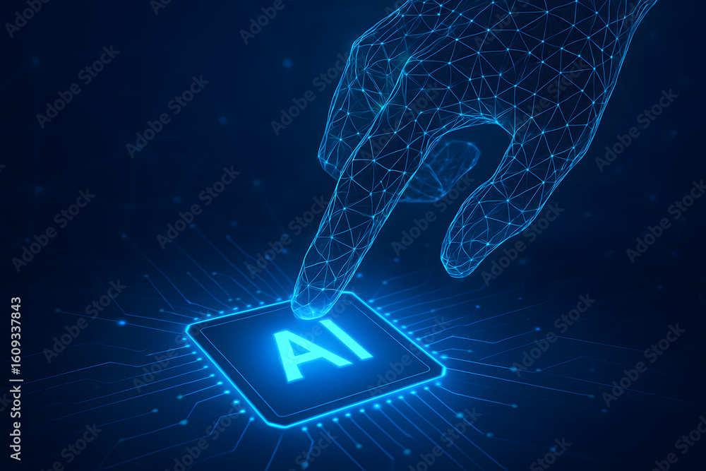 Poster ai touch: a digital hand of connected lines, pressing a button marked ai, signifying the dawn of art