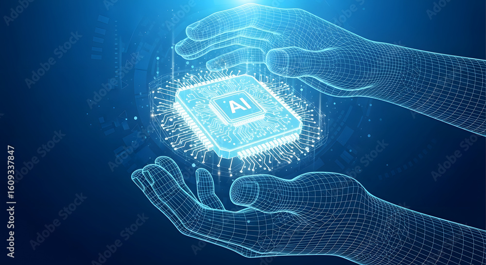 Poster artificial intelligence in safe hands: illustrating the core of ai technology, a 3d-rendered image f