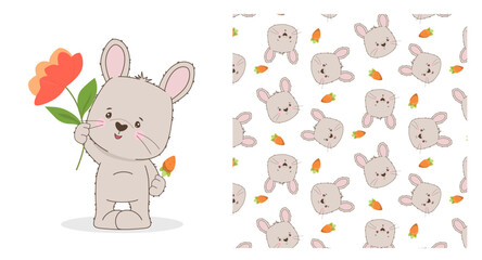 Adorable bunny holding a large flower in one hand and a small carrot in the other. This charming vector illustration includes a seamless pattern with bunny faces and carrots.