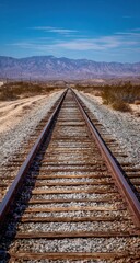 Fototapeta premium Railroad tracks stretch into the distance under a clear blue sky, leading towards distant mountains in a vast, arid landscape.