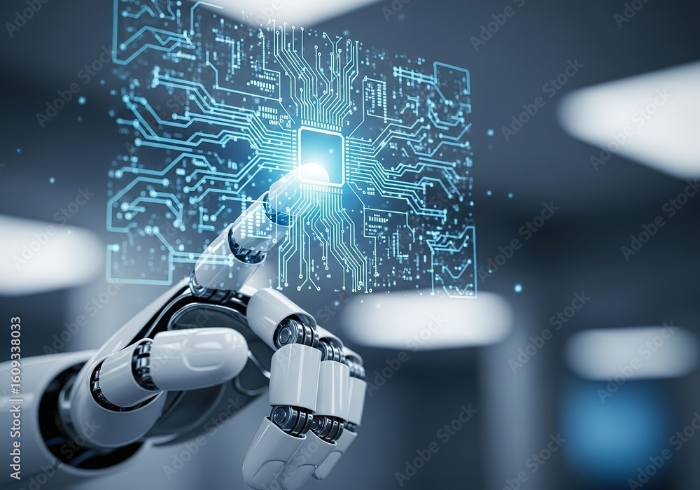 Poster advanced robotic arm interacts with glowing futuristic digital circuit board display