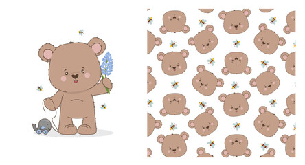 Cute bear holding flower pulling toy whale. Seamless pattern with playful bees. Perfect for nursery designs, decor and more.