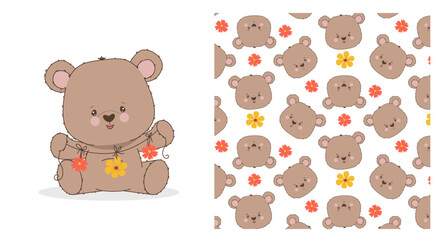 Adorable bear vector illustration with a floral necklace and a seamless pattern of bear faces and flowers. Perfect for children s designs, wallpapers, and fabrics.