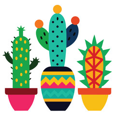 Vibrant mexican style cactus collection in decorative pots with colorful accents and botanical elements