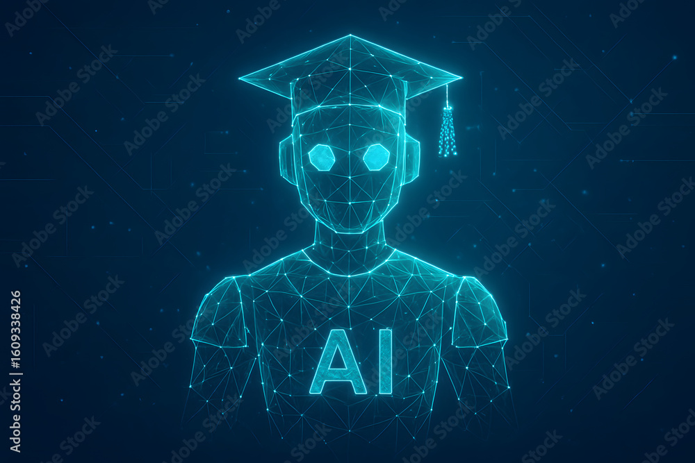 Aufkleber ai learning journey: a futuristic depiction of an ai robot adorned in a graduation cap, symbolizing 