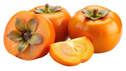 A group of beautifully ripe persimmons with one sliced open to show texture