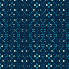 Seamless Geometric Pattern with Star Crosses and Diamond Motifs on Navy Blue Background