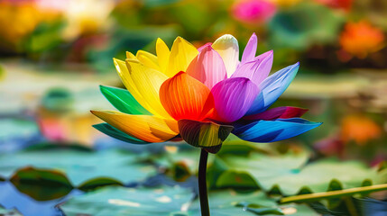 Obraz premium Vibrant multicolored lotus flower in full bloom, with lush green lily pads in the background, reflecting the beauty of nature.