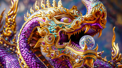 Fototapeta premium Majestic Colorful Dragon Sculpture with Intricate Detailing and Gems