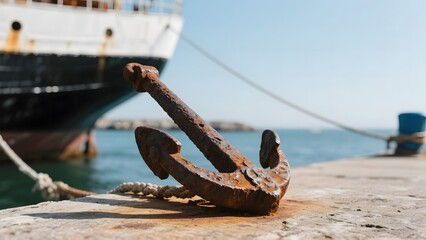 Rusty Anchor on Dock with Ship in Background